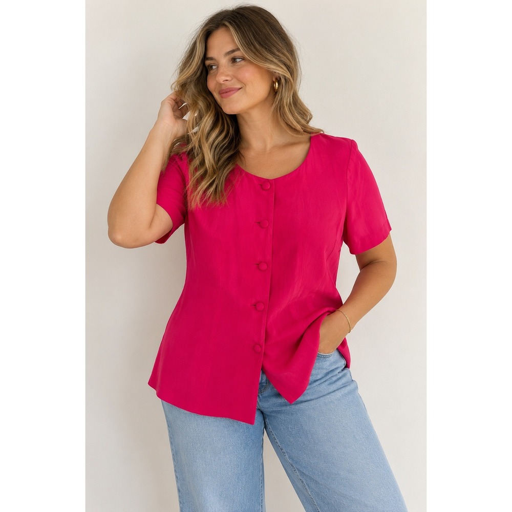 ANN TAYLOR | Silk Blouse Women 8 Pink Button Front Short Sleeve Vintage Studio